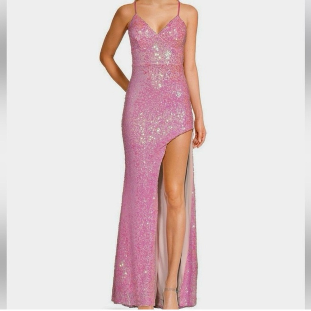 Spaghetti-Strap Pink Sequin High slit formal dress